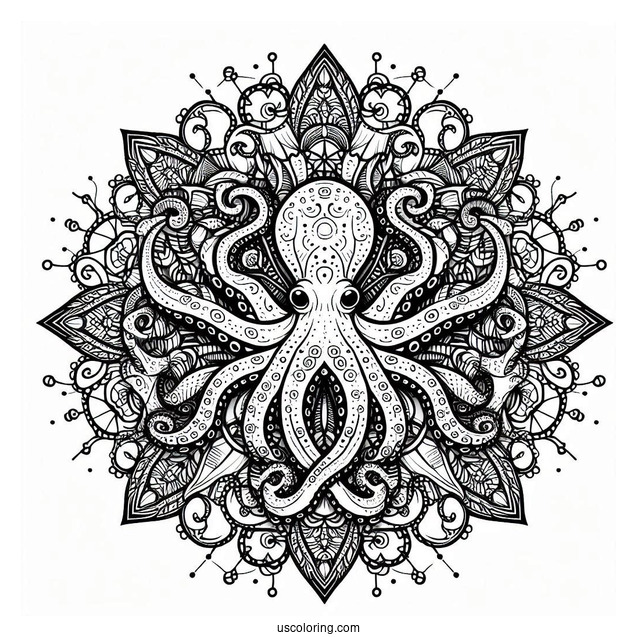 Intricate Nautical Mandala With Octopus Coloring Page In The Middle