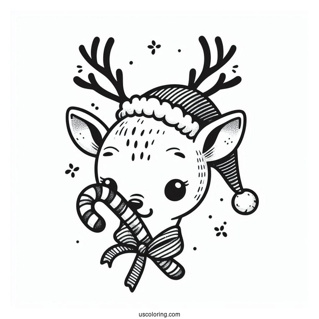 Reindeer With Santa Hat Biting A Candy Cane Coloring Page