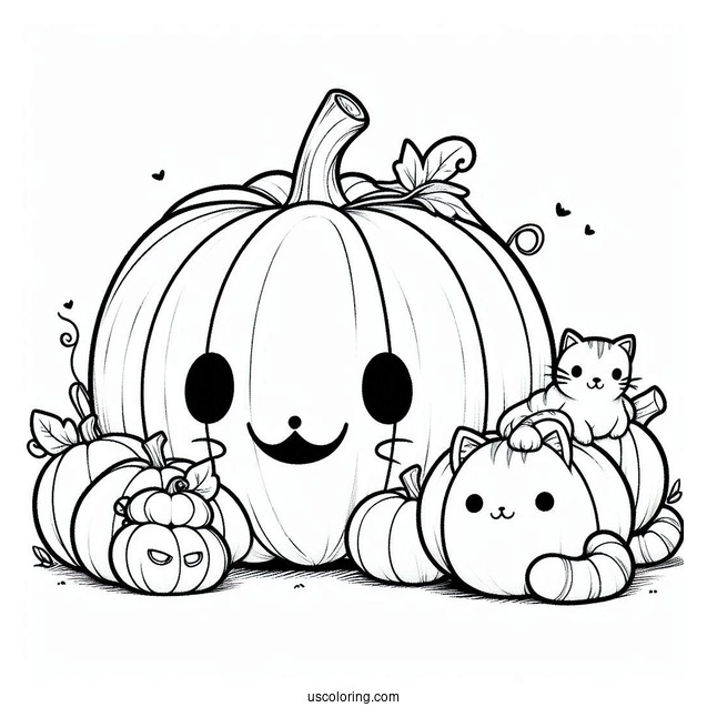 Pumpkin Coloring Page Of Cartoon Cats Beside A Large Jack O Lantern