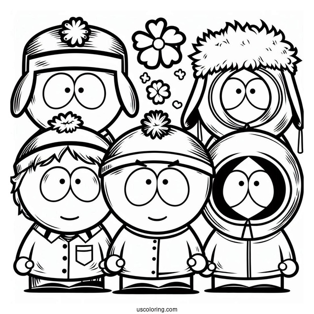 Eric, Stan, Kenny, And Kyle In Front Of South Park Coloring Page