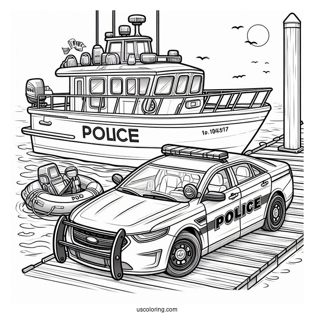 Police Car Coloring Page Parked On A Port Beside A Police Boat