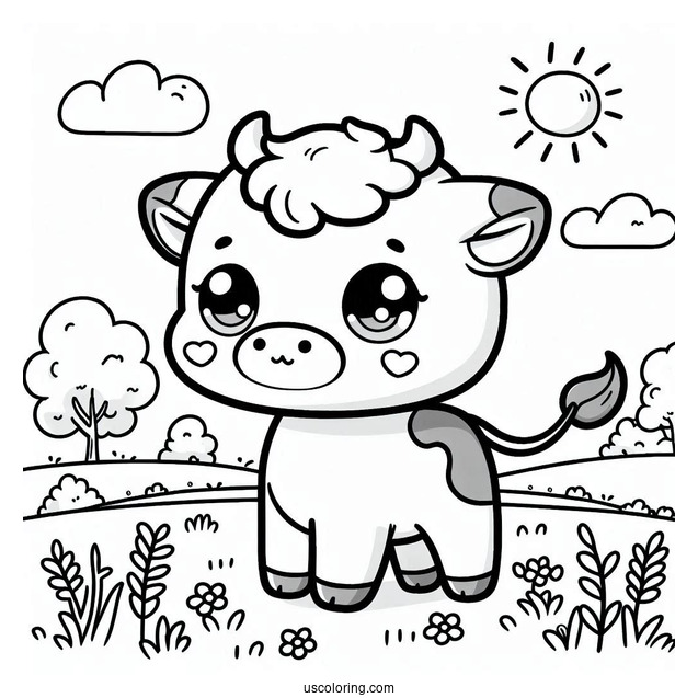 Cute Coloring Page Of Chibi Cow In A Field For Preschoolers
