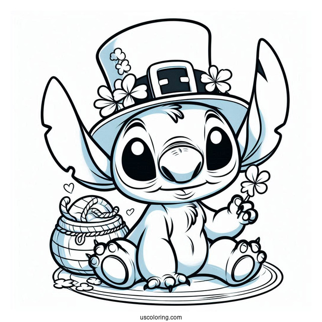 St. Patrick's Day Coloring Page Of Cute Stitch Dressed As A Leprechaun For Preschoolers