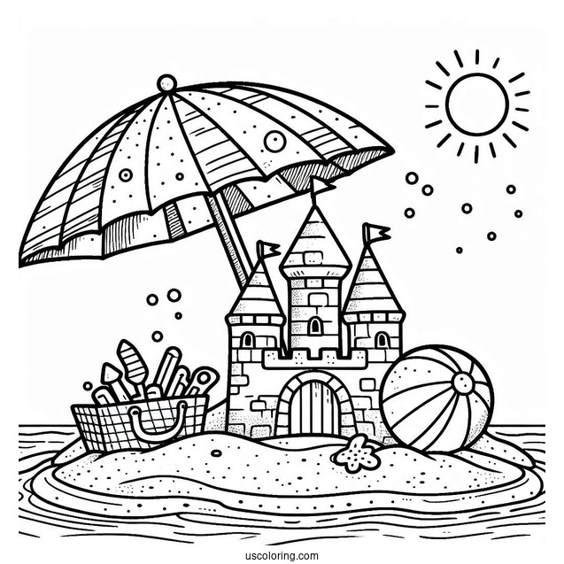 Easy Sand Castle With Umbrella And Beach Ball Coloring Sheet