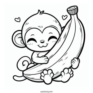 Cute Monkey Hugging A Large Banana Coloring Page