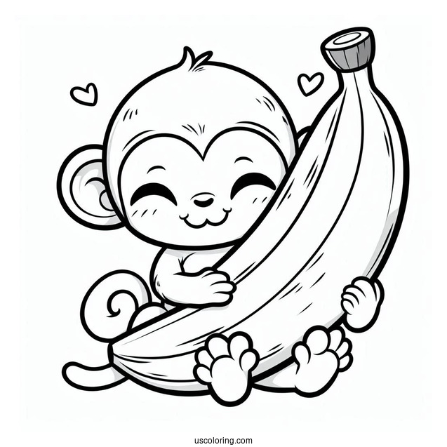 Cute Monkey Hugging A Large Banana Coloring Page