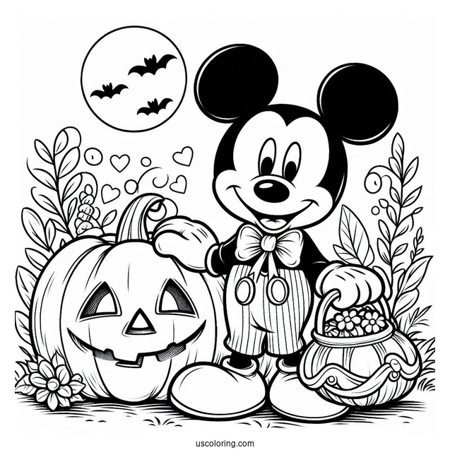 Mickey Mouse With Halloween Pumpkin Coloring Page To Color