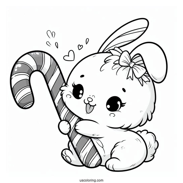 Excited Rabbit Hugging A Candy Cane Coloring Page In Winter For Kids
