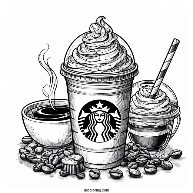 Realistic Starbucks Frappe And Hot Coffee Coloring Page