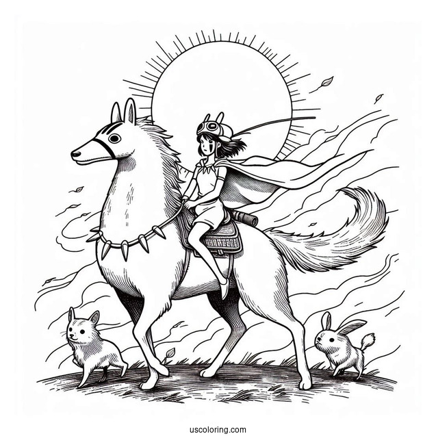 Studio Ghibli Coloring Page of Princess Mononoke San Riding Moro
