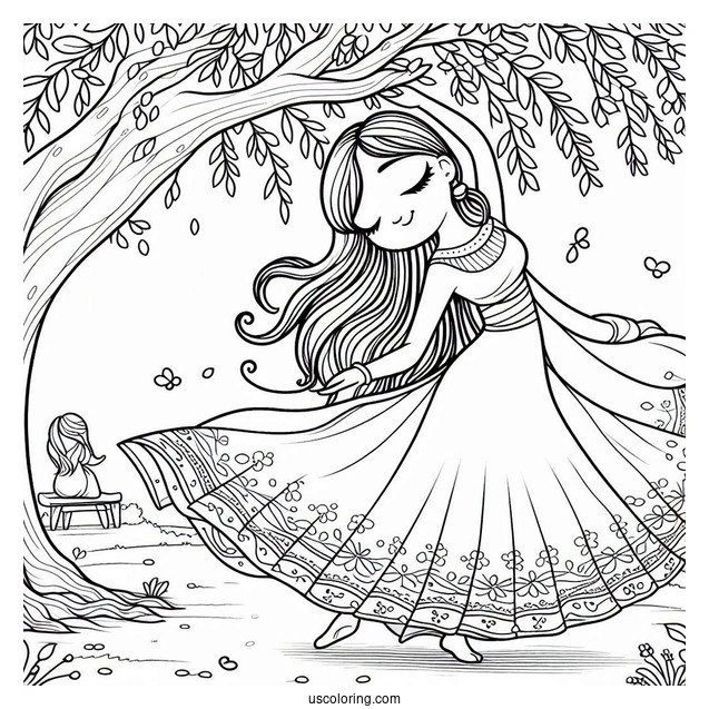 Woman Dancing Under A Tree Cute Coloring Page