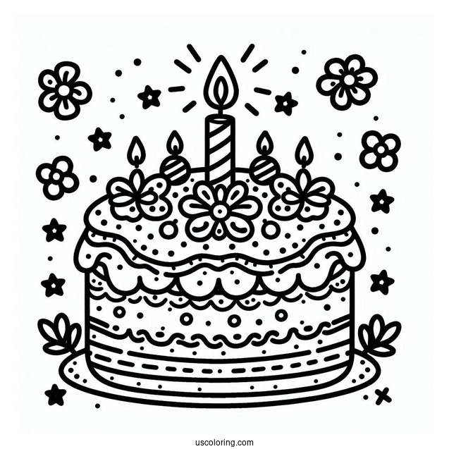 Cookie Birthday Cake With Candle Coloring Page For Kids