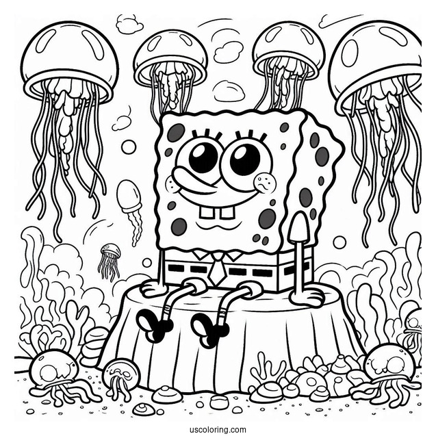 SpongeBob Coloring Page Sitting On Jellyfishes