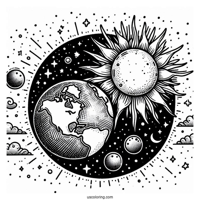 Earth And Sun In Space To Color