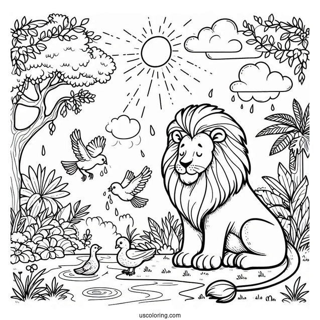 Lion With Birds Under The Sun In Jungle Coloring Page