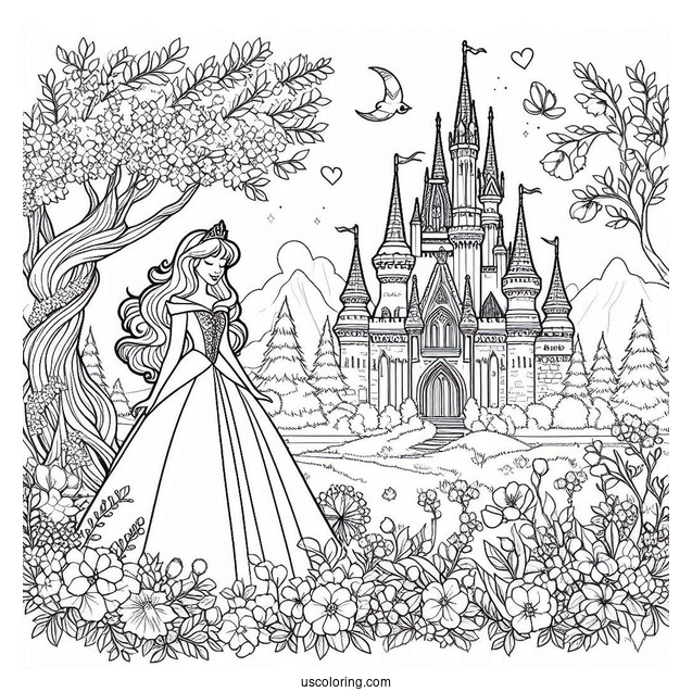 Disney Princess Aurora In Spring Coloring Page Garden Outside The Castle