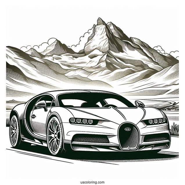 Close Up Of Bugatti Coloring Page Chiron With Mountains In Background