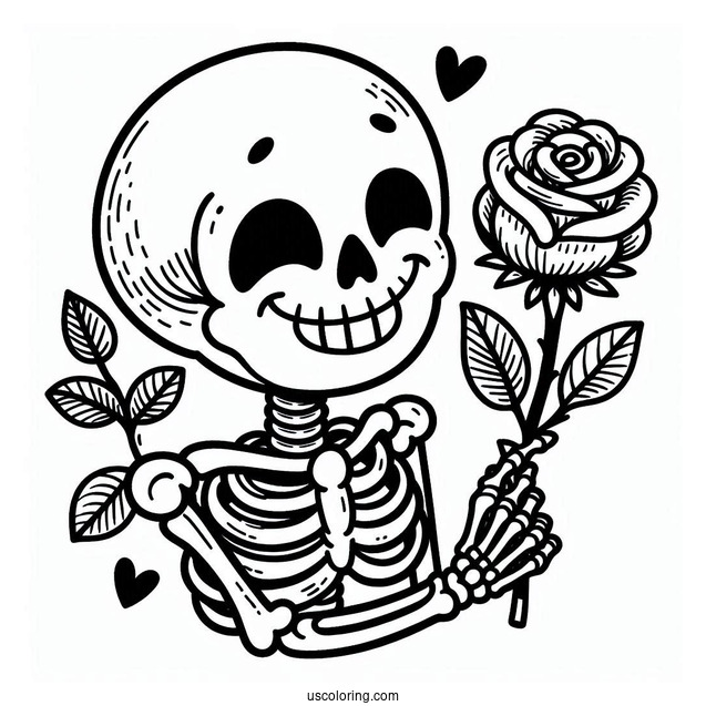 Happy Skeleton Coloring Page Holding Rose