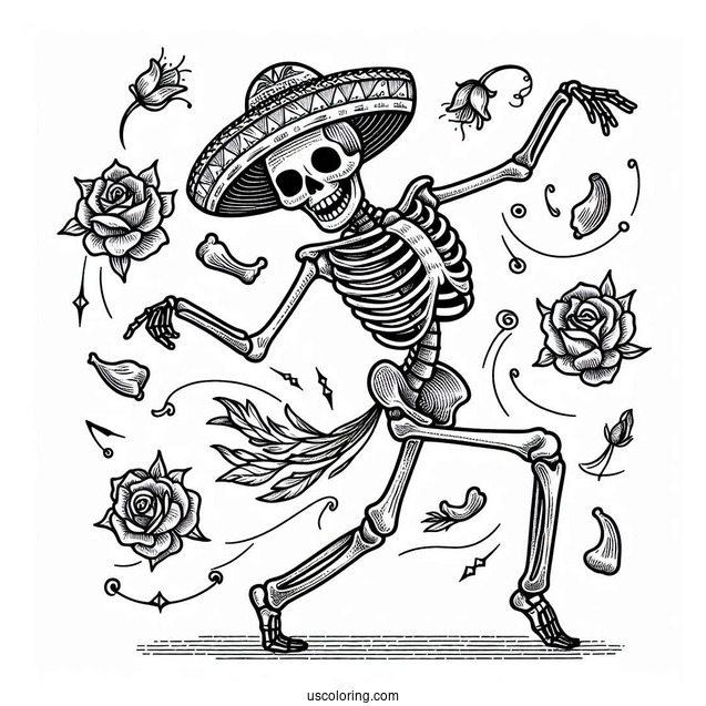 Detailed Adult Skeleton Coloring Page Dancing