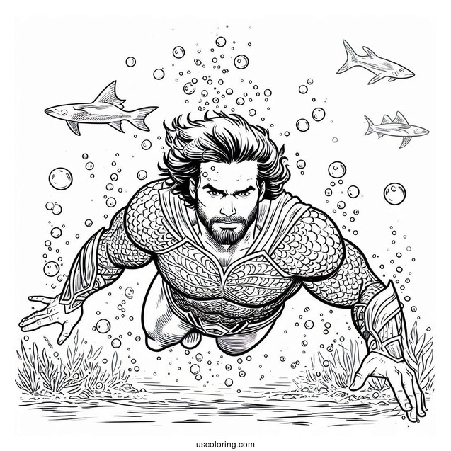 Aquaman Coloring Page Arthur Curry Swimming Underwater