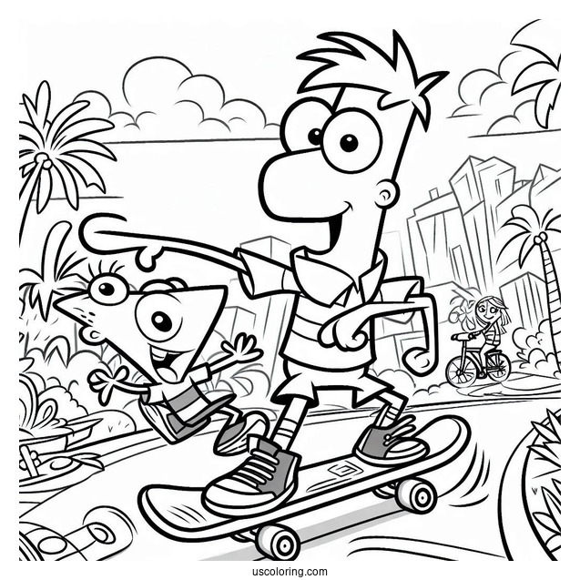 Phineas And Ferb Coloring Page Skateboarding