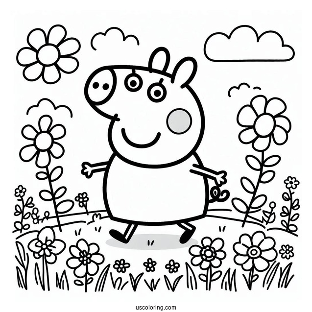 Peppa Pig Walking In Field With Flowers