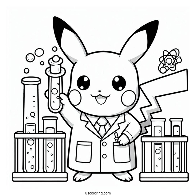 Science Coloring Page Of Scientist Pikachu Holding Up A Test Tube For Kids