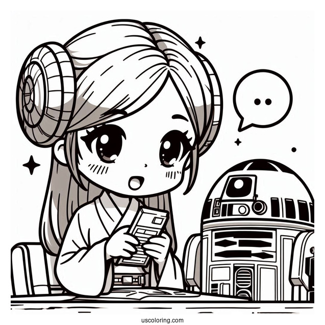 Chibi Princess Leia Recording Message Through R2-D2 Coloring Page