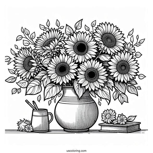 Several Sunflowers In Vase Coloring Sheet