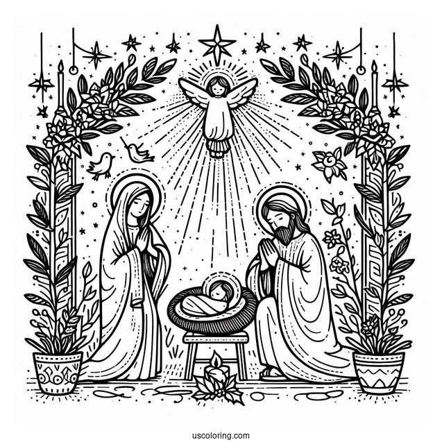 Birth Of Jesus With Virgin Mary Coloring Page