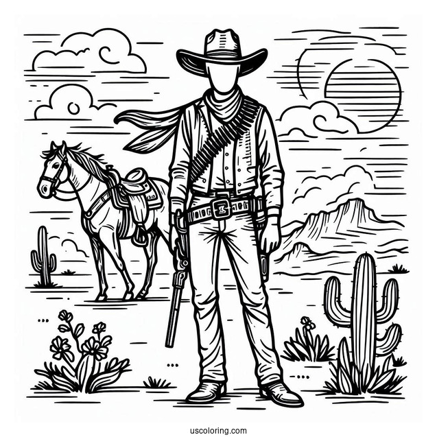 Cowboy Coloring Page With Guns Standing In Front Of Horse
