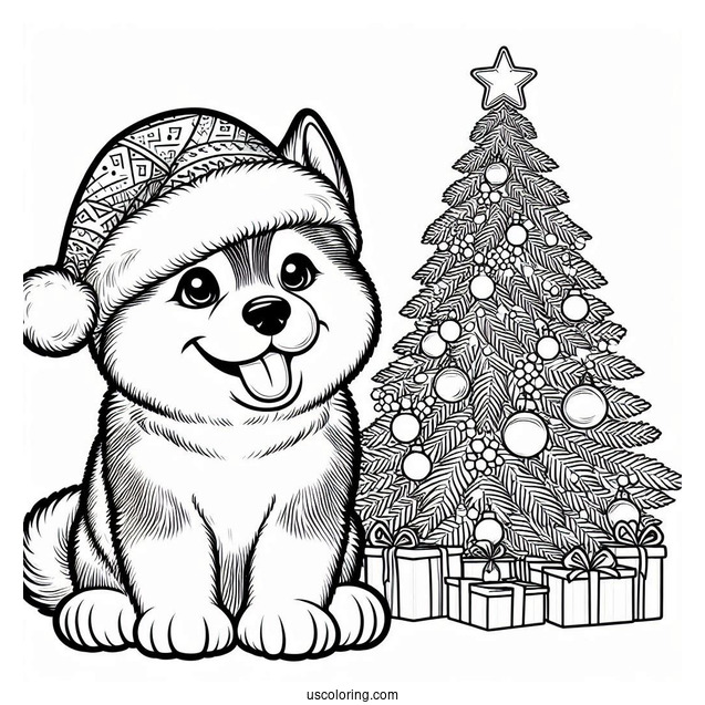 Husky Wearing Santa Hat In Front Of Christmas Tree Coloring Page