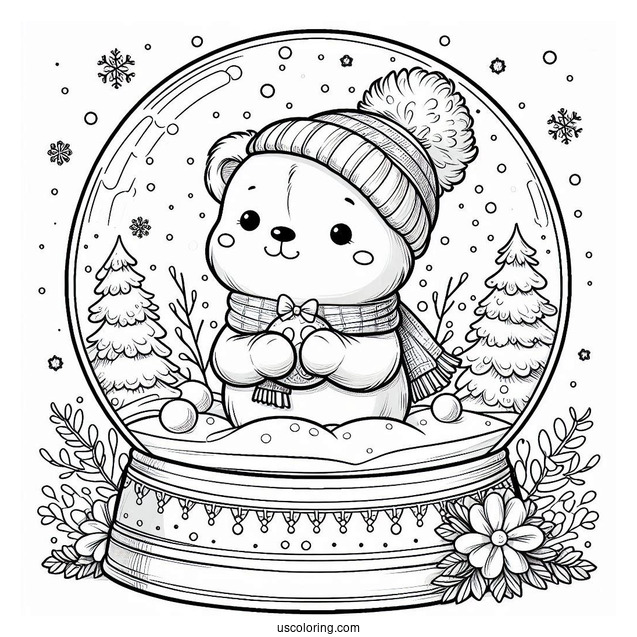 Cute Teddy Bear In Winter Snow Globe Coloring Page