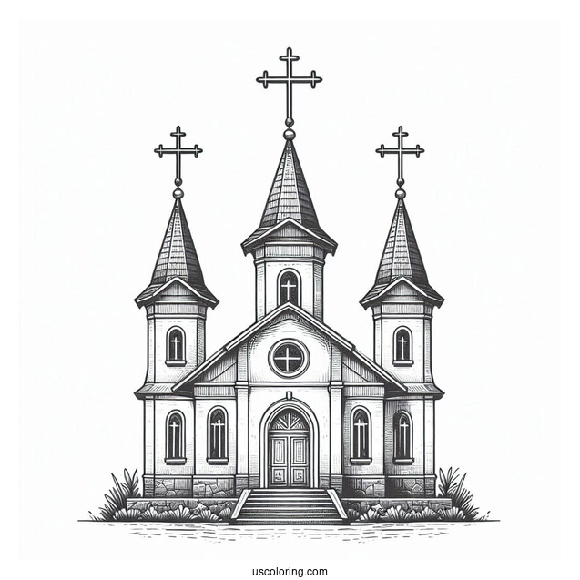 Realistic Church Coloring Page With Three Crosses At The Top