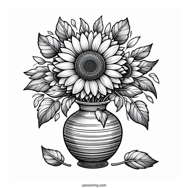 Detailed Sunflowers In Vase For Coloring