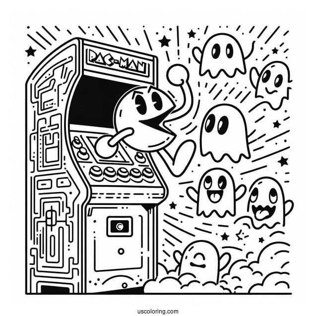 Pac-Man Coloring Page And Ghosts Leaping Out Of Arcade Machine