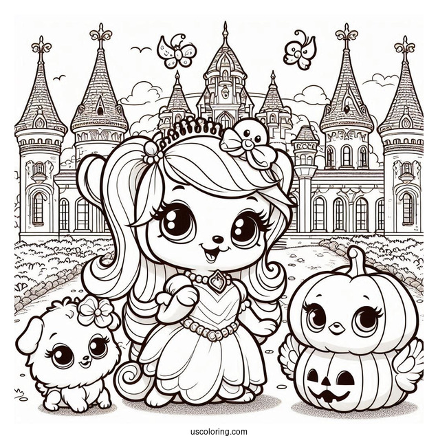 Palace Pets Coloring Page Of Treasure, Petite, Pumpkin And Ms. Featherbon In Front Of Castle
