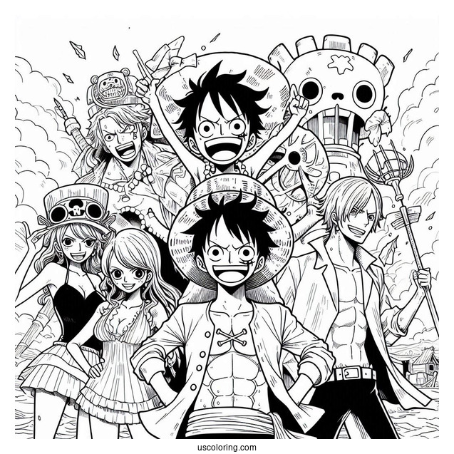 One Piece Coloring Page Of Luffy, Nico, Sanji, Zoro, Nami, Chopper, And Usopp