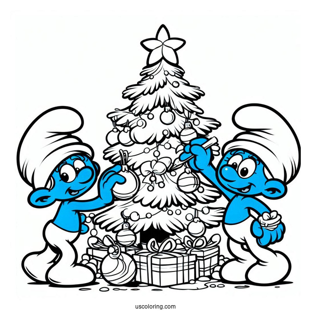 The Smurfs Decorating Christmas Tree Coloring Page