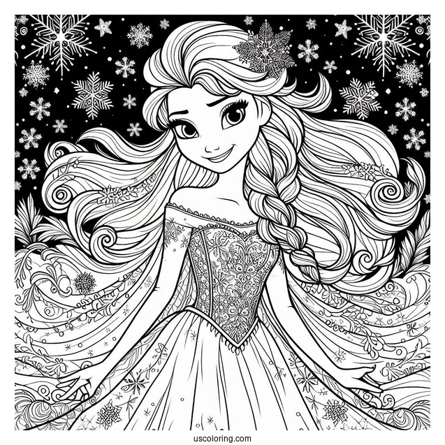 Elsa Stunning Dress With Snowflake Background Coloring Page