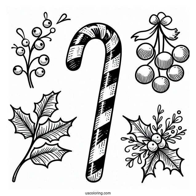Candy Cane With Mistletoe Coloring Sheet