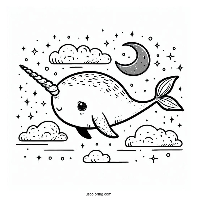 Cute Narwhal Coloring Page Flying In The Night Sky
