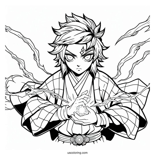 Tanjiro Coloring Page Using His Powers In Battle