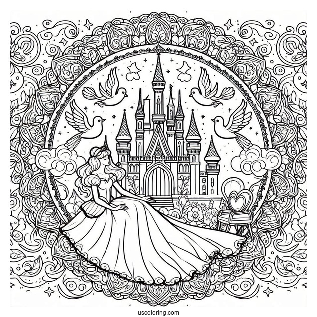 Fantastical Cinderella Mandala With A Castle And Doves