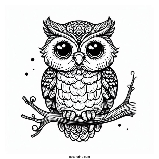 Owl Sitting On Branch With Big Eyes