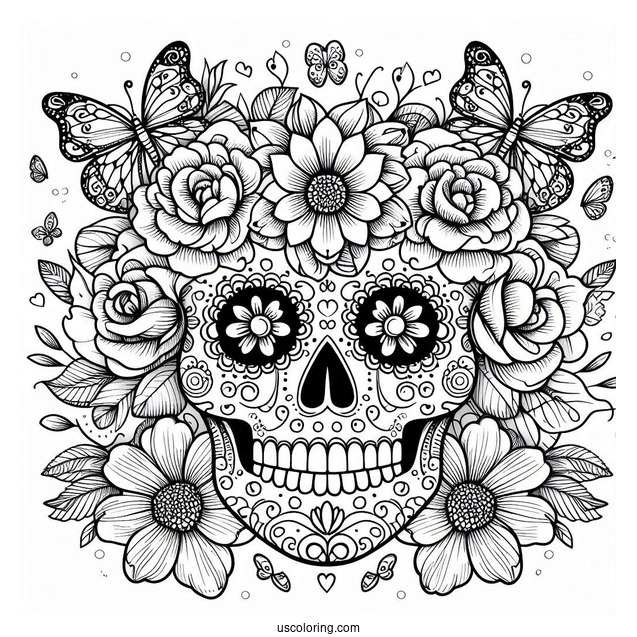 Detailed Sugar Skulls Coloring Page With Flowers And Butterflies