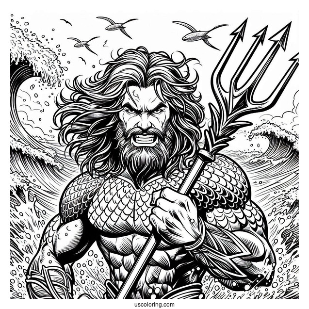 Aquaman Coloring Page Angry Poseidon Holding His Trident Above The Sea