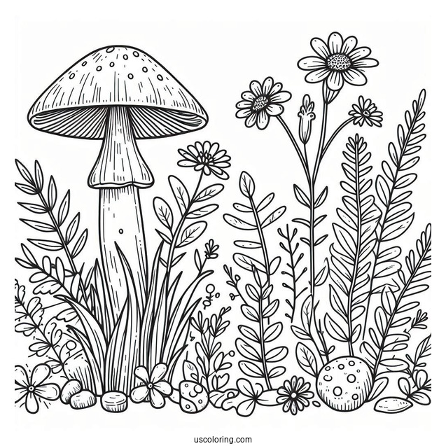 Wildflowers And Weeds Growing Around Mushroom Coloring Page