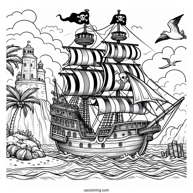 Large Cartoon Pirate Ship Coloring Page Near An Island