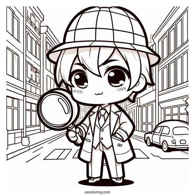 Mysterious Chibi Coloring Page Detective Holding Magnifying Glass in a City Street